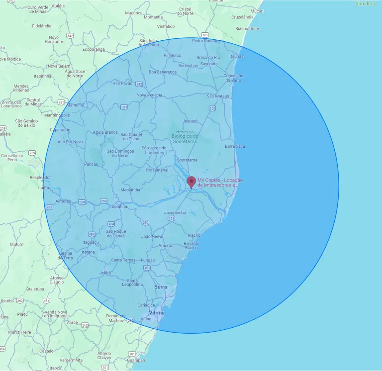 Mapa com raio de cobertura da Mil Cópias