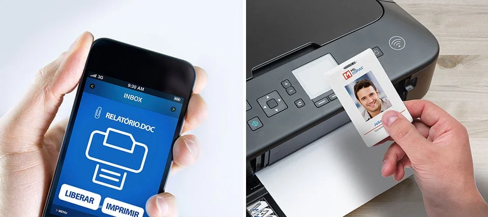 Uma divisão de fotos, do lado esquerdo um celular com informações sobre impressão e do lado direito uma mão segurando um cracha de funcionario ao fundo com uma impressora